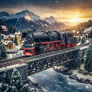 Detailreiche Dampflok im Winterwunderland – KI-generierte Szene Eine sorgfältig inszenierte Aufnahme einer klassischen schwarzen Dampflokomotive (Modell einer BR 50 oder ähnlichem, erkennbar an der Nummer "501111" am Frontschild), die eine verschneite Modellbahnlandschaft durchquert. Die Lokomotive fährt über eine detailreiche Brücke über einen zugefrorenen Fluss, umgeben von schneebedeckten Tannen, kleinen Häusern und majestätischen Bergen im Hintergrund. Die Szene ist bei Sonnenuntergang beleuchtet, und leichte Schneeflocken fallen. Das Bild wurde mittels KI aus einem freigestellten Produktbild generiert, um eine realistische und stimmungsvolle Umgebung zu schaffen.